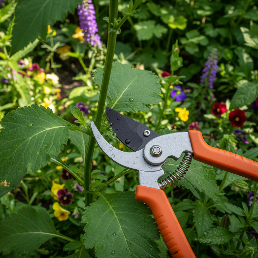 Pruning shears cutting a plant stem in a garden