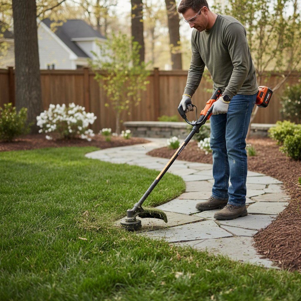 Person using cordless string trimmer to edge a lawn