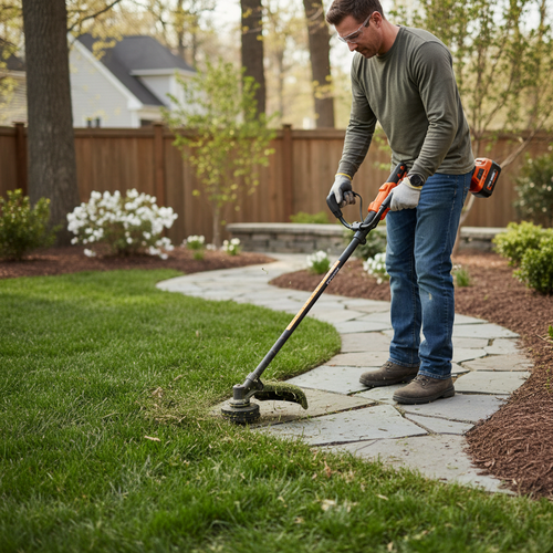 Person using cordless string trimmer to edge a lawn