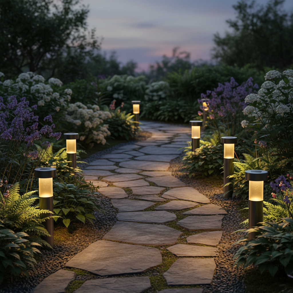 Solar pathway lights glowing along a garden walkway at dusk