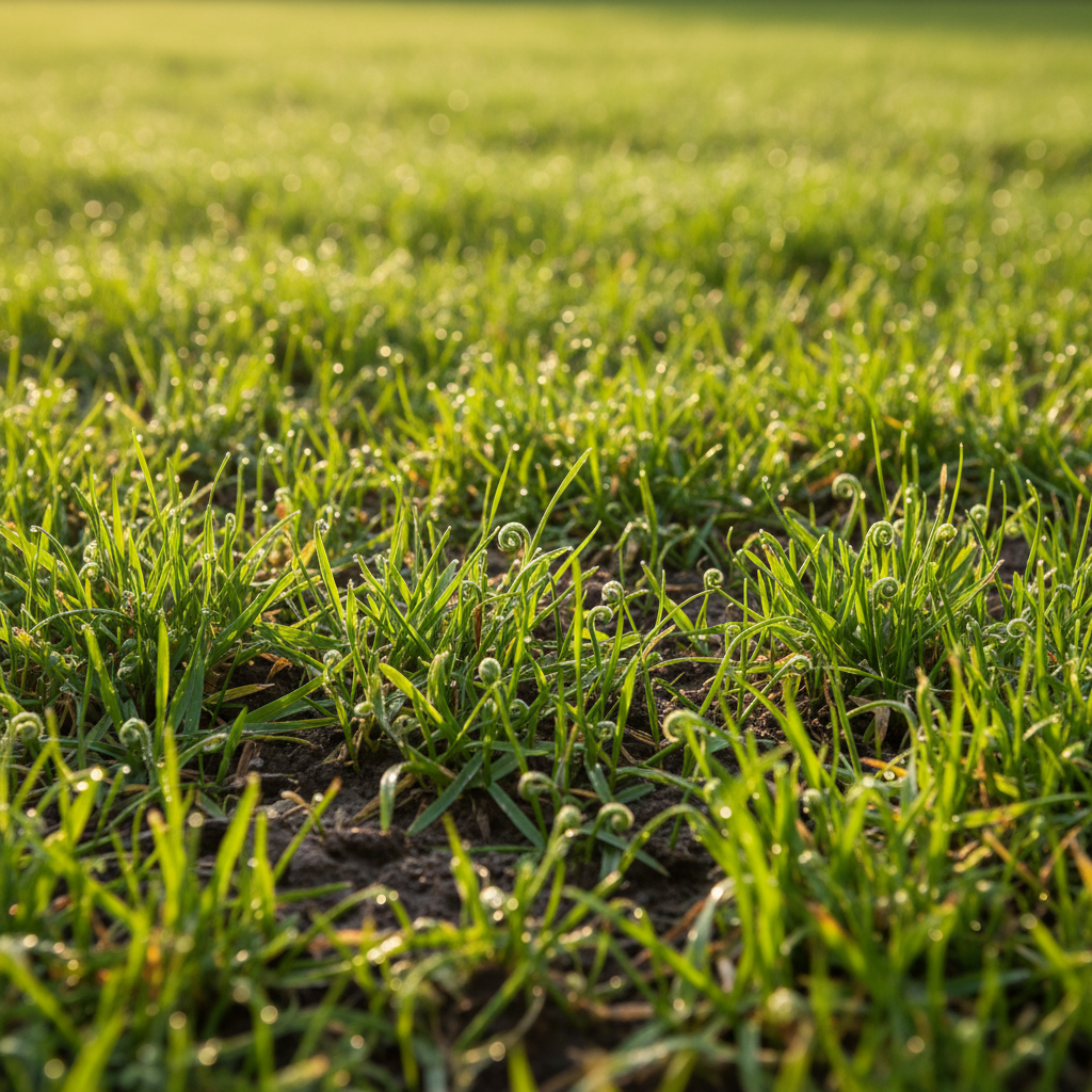 Lush green grass growing from soil