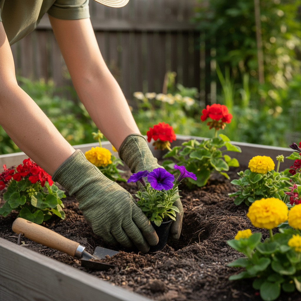 Gardener wearing protective gloves while planting flowers