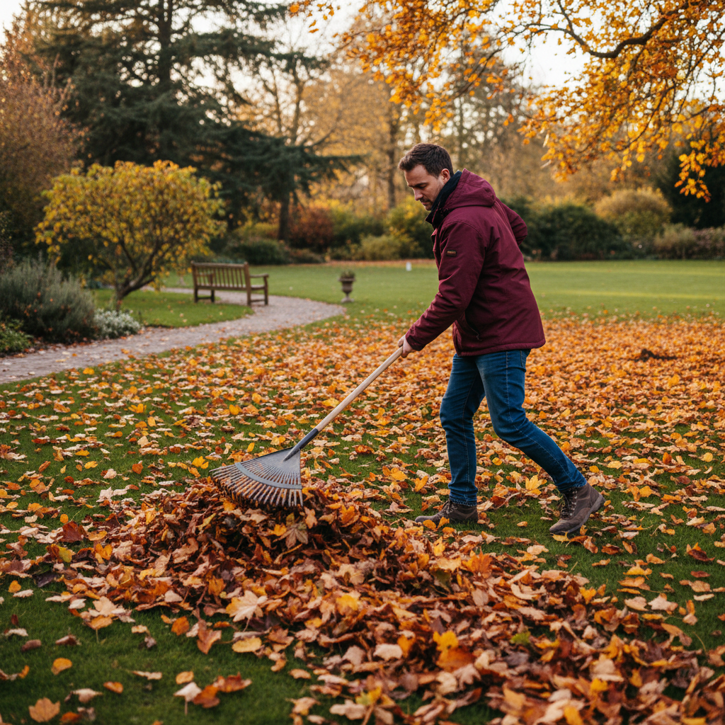 Person raking autumn leaves in a garden