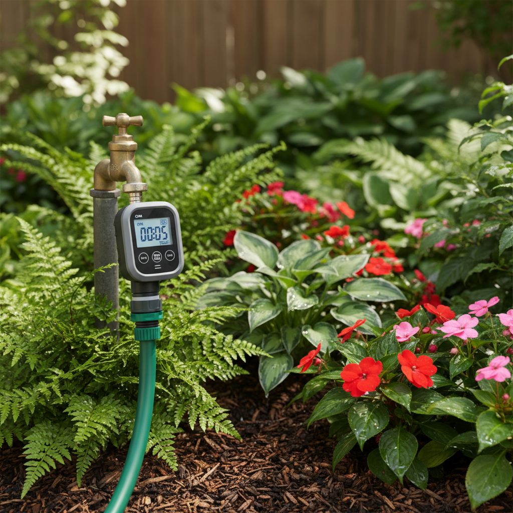 Smart hose timer installed on outdoor spigot watering garden