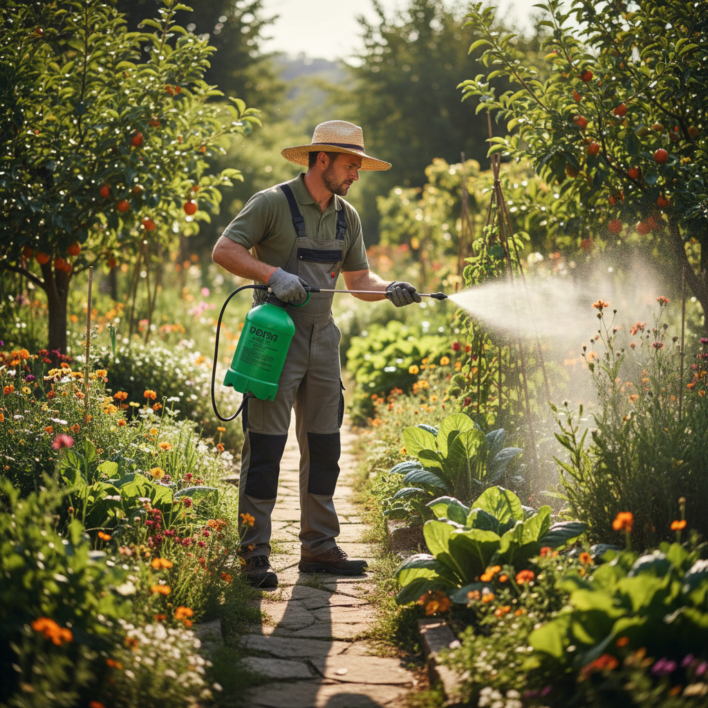 Gardener using pump sprayer to apply fertilizer on plants