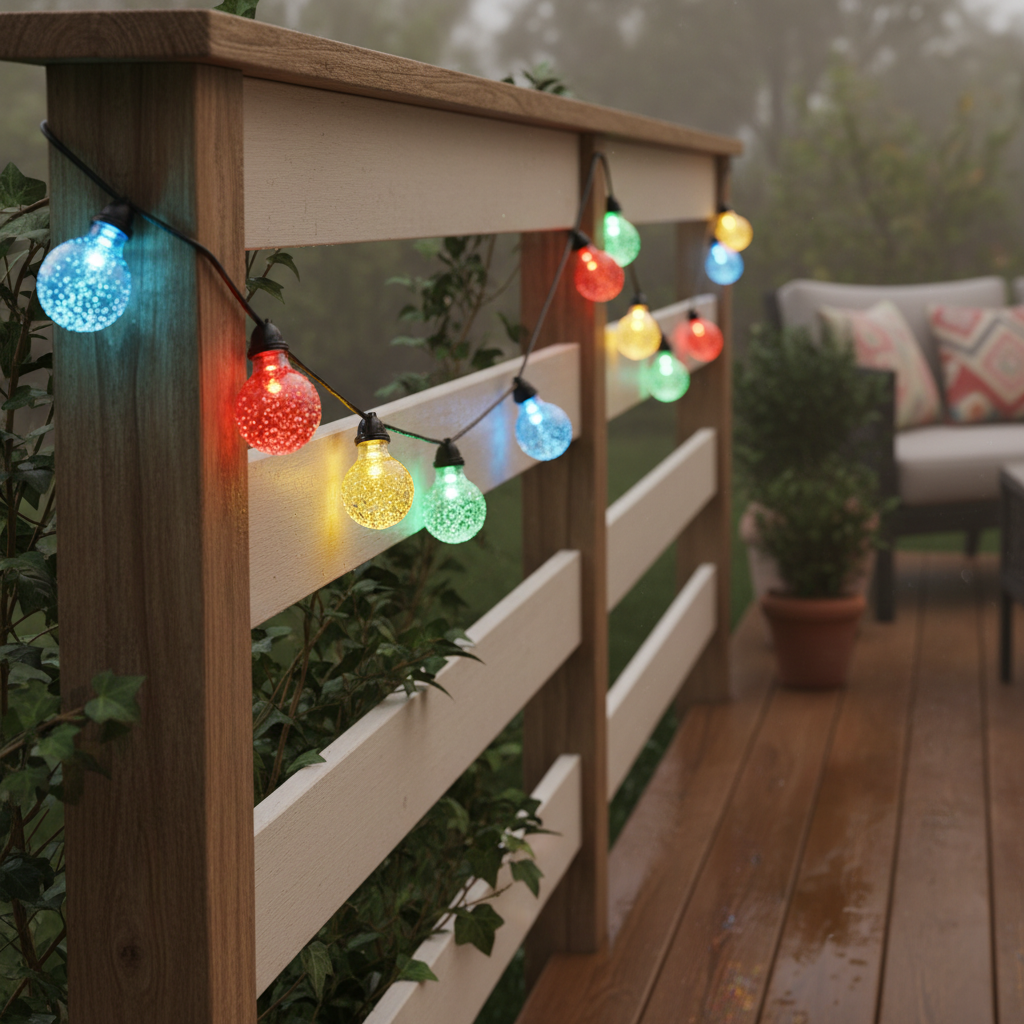 Outdoor LED string lights hanging on a patio at night