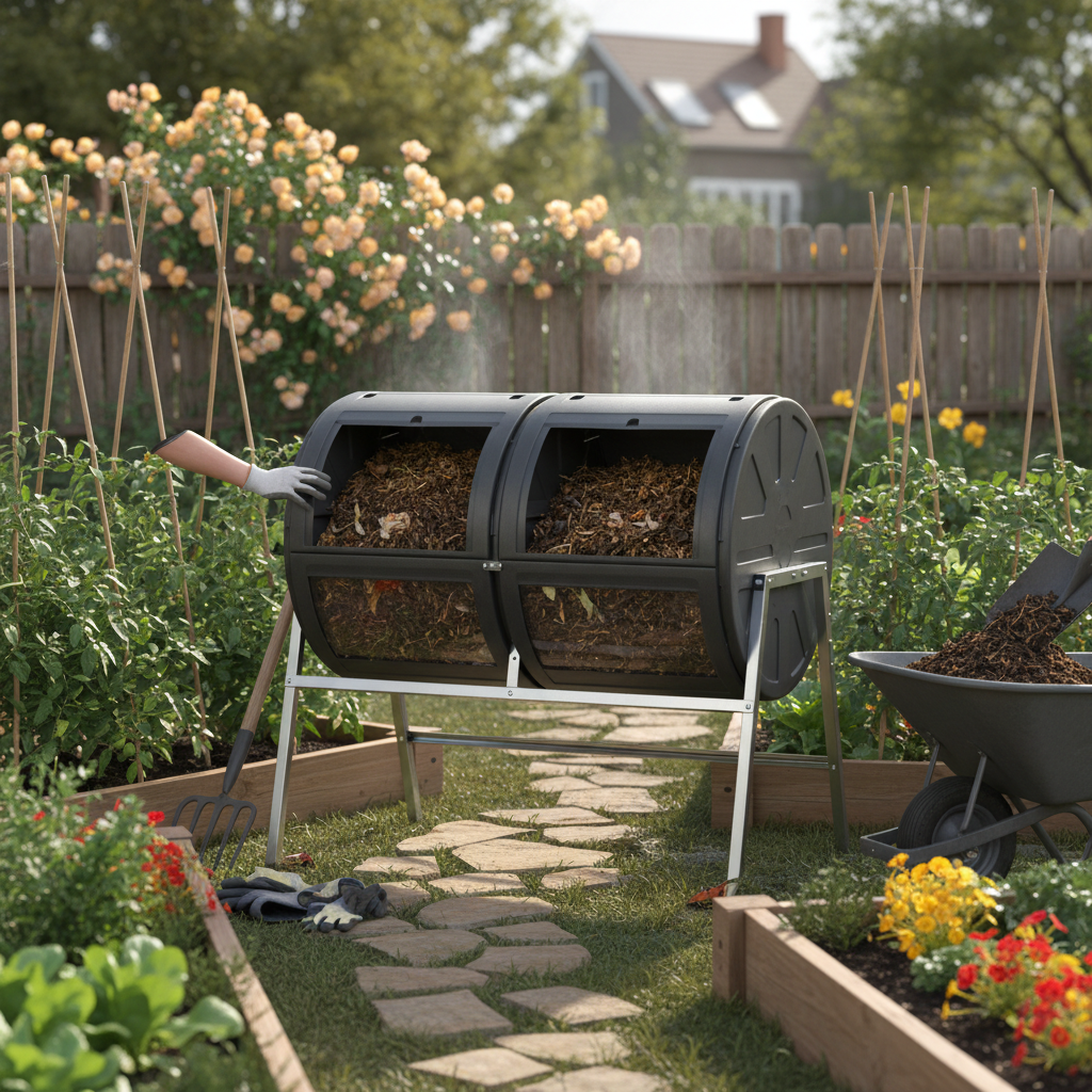 Aerobic compost tumbler in backyard garden in use