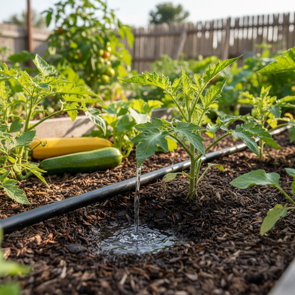 Drip irrigation tube installed in garden bed