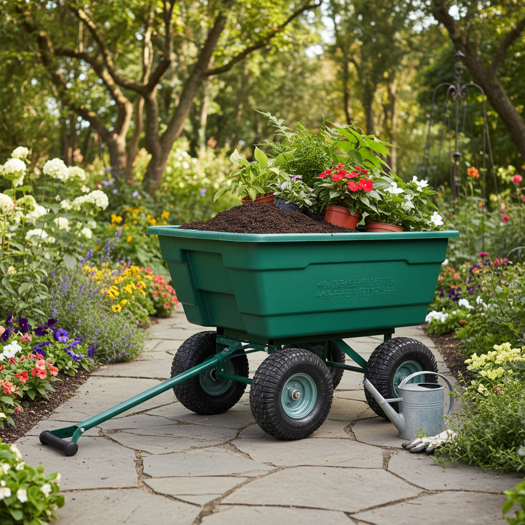 Garden dumping cart loaded with soil and plants in use